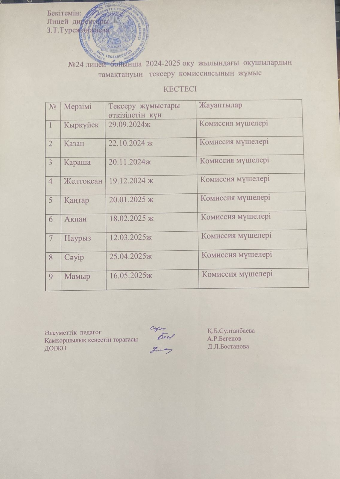 №24 lyceum  бойынша  2024-2025 оқу  жылындағы  оқушылардың  тамақтануын   тексеру  комиссиясының  жұмыс КЕСТЕСІ