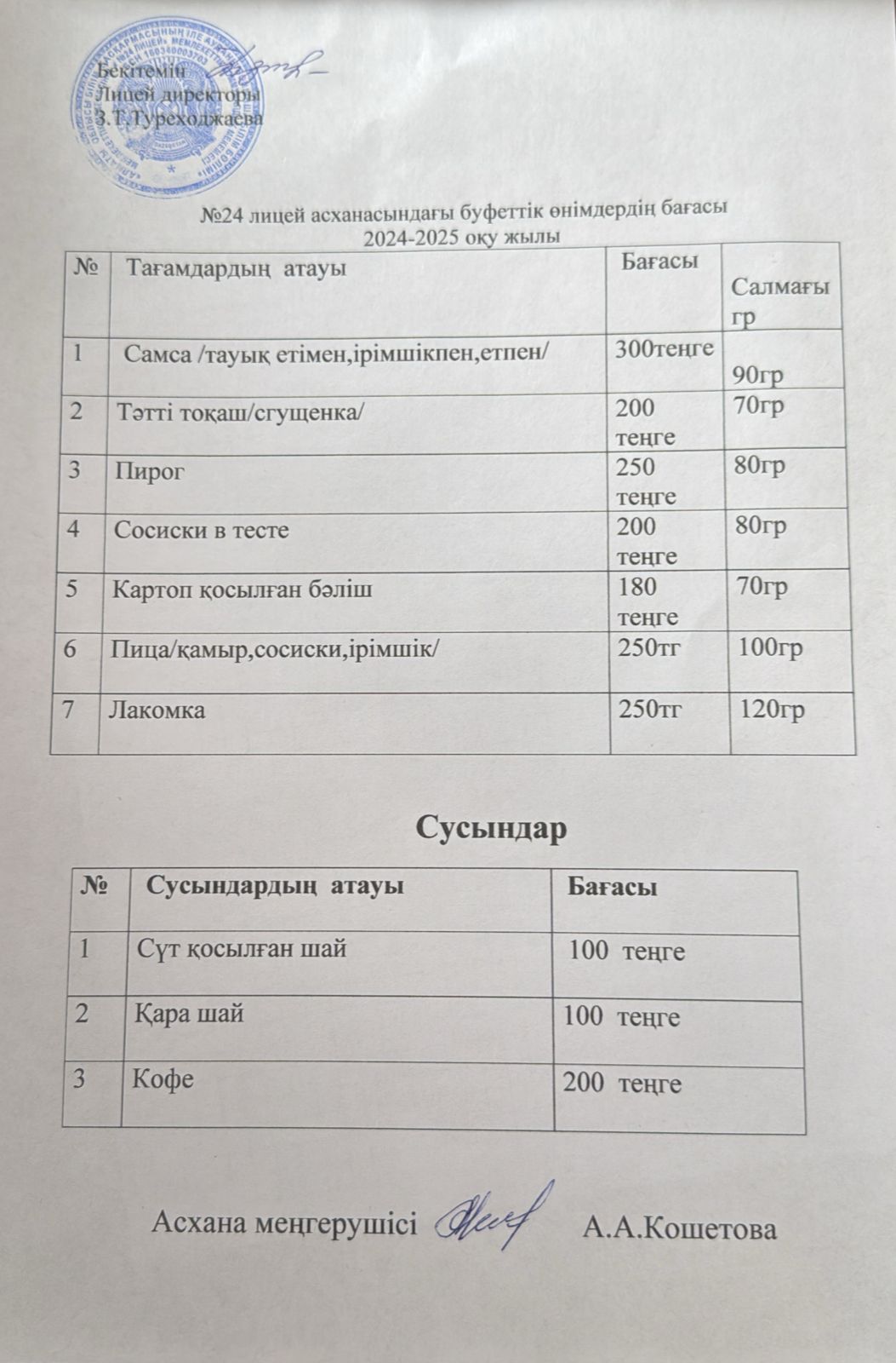 №24 lyceum асханасындағы буфеттік өнімдердің бағасы 2024-2025 оқу жылы