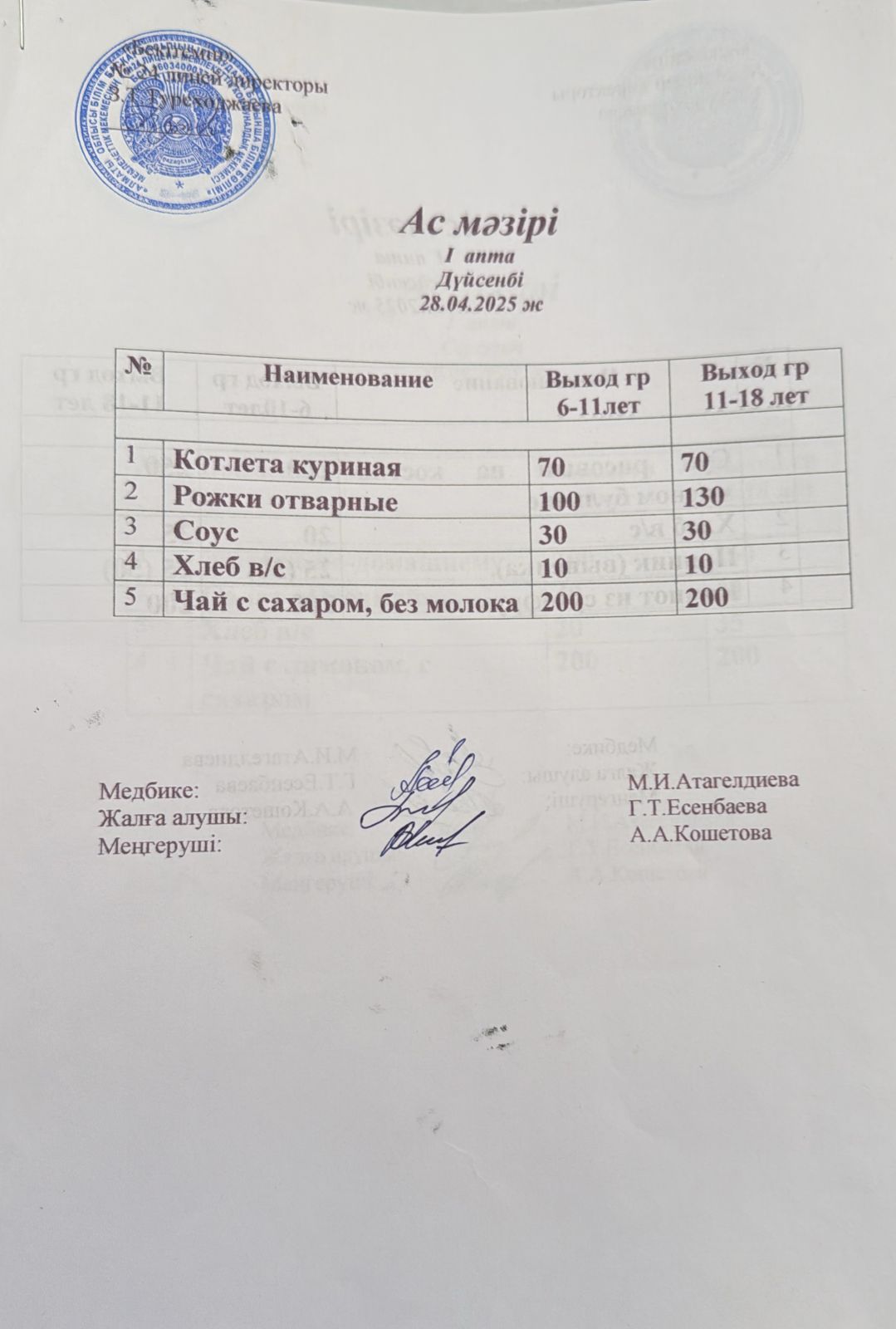 Күнделікті ас мәзірі