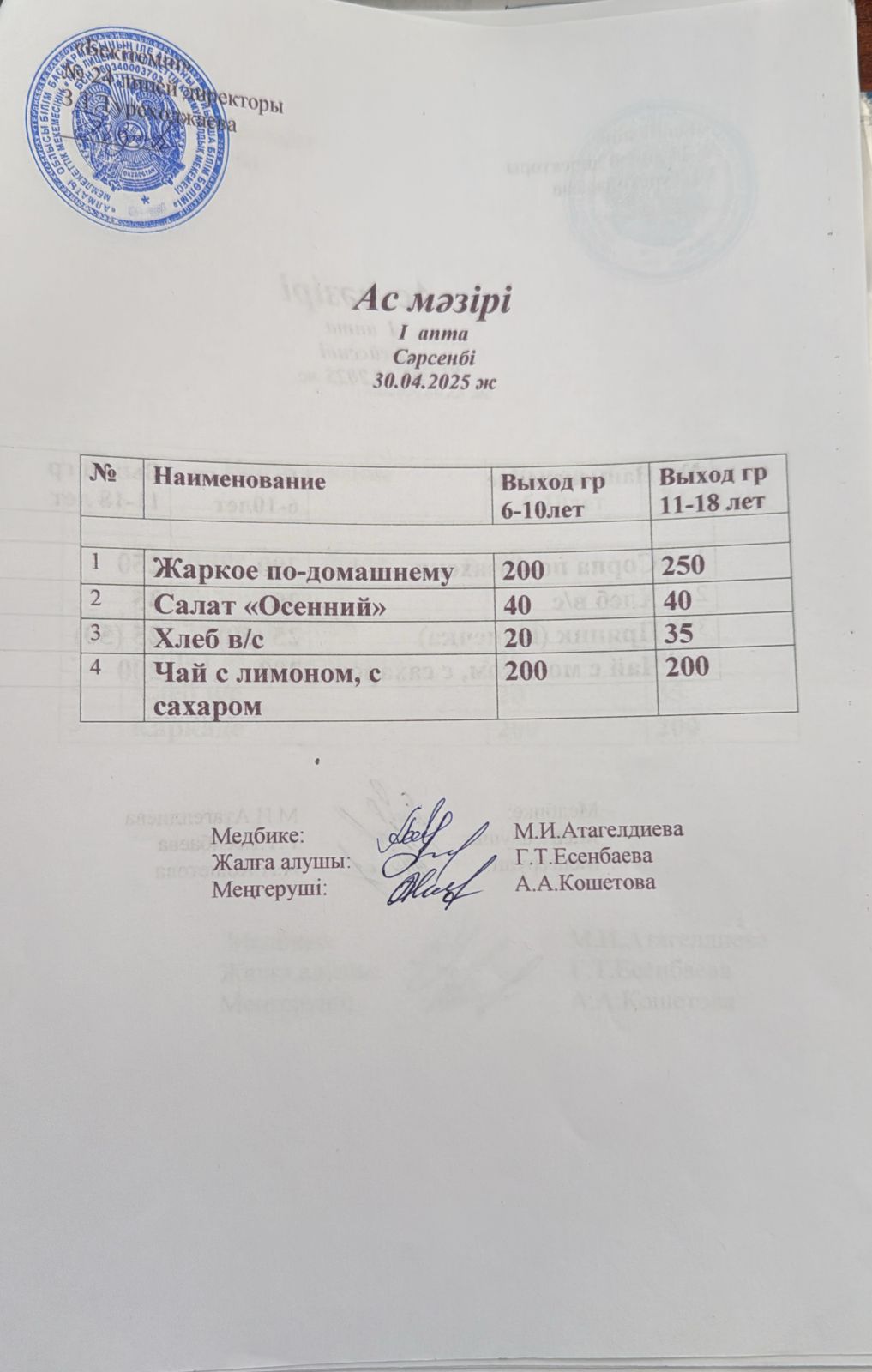 Күнделікті ас мәзірі