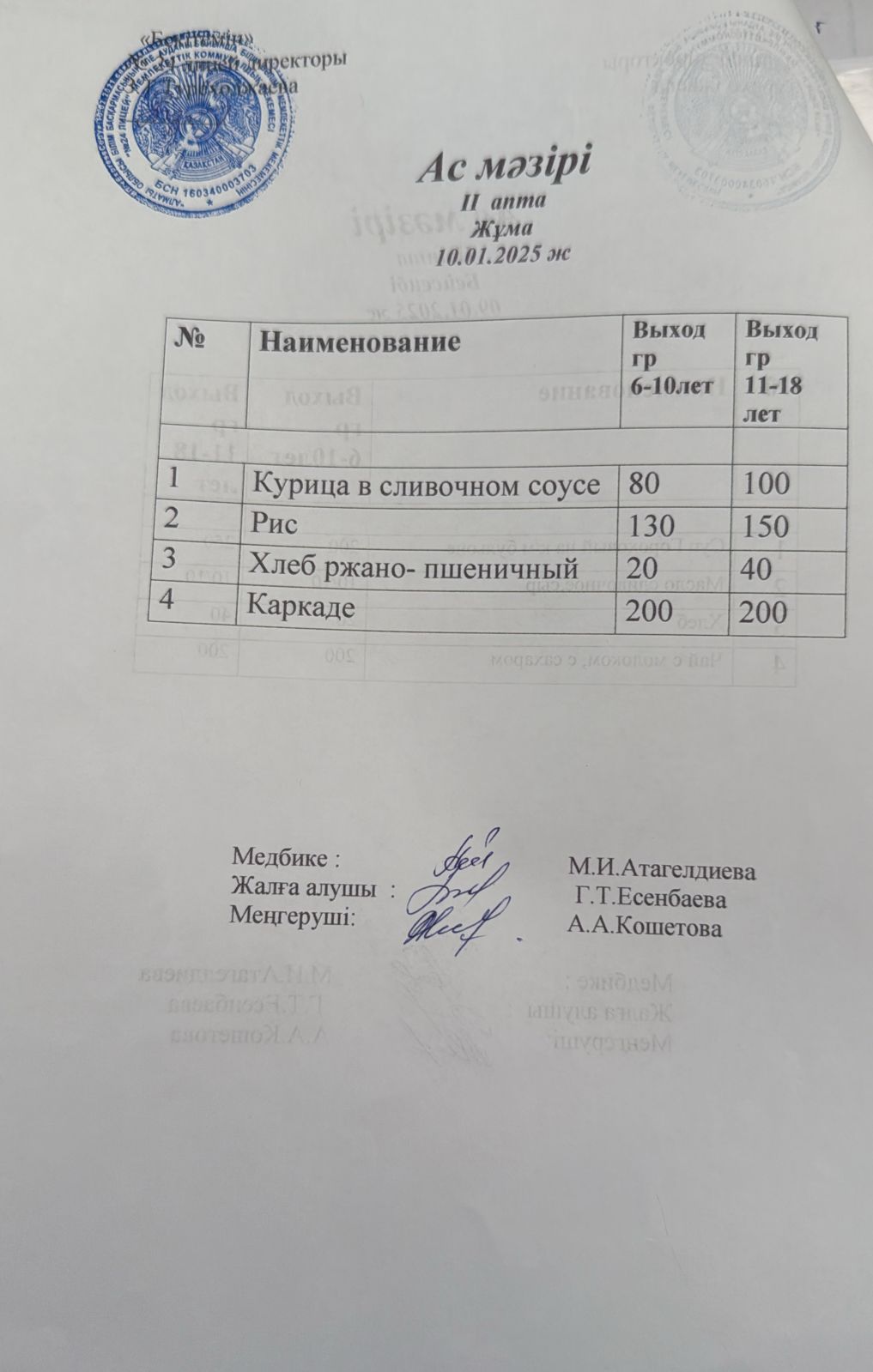 Күнделікті ас мәзірі