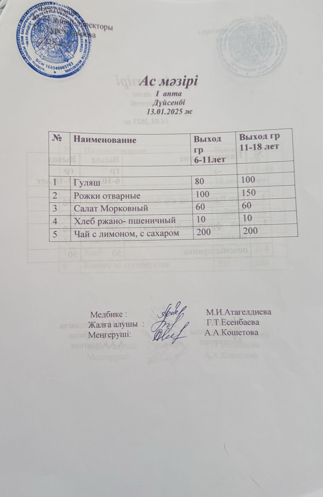 Күнделікті ас мәзірі