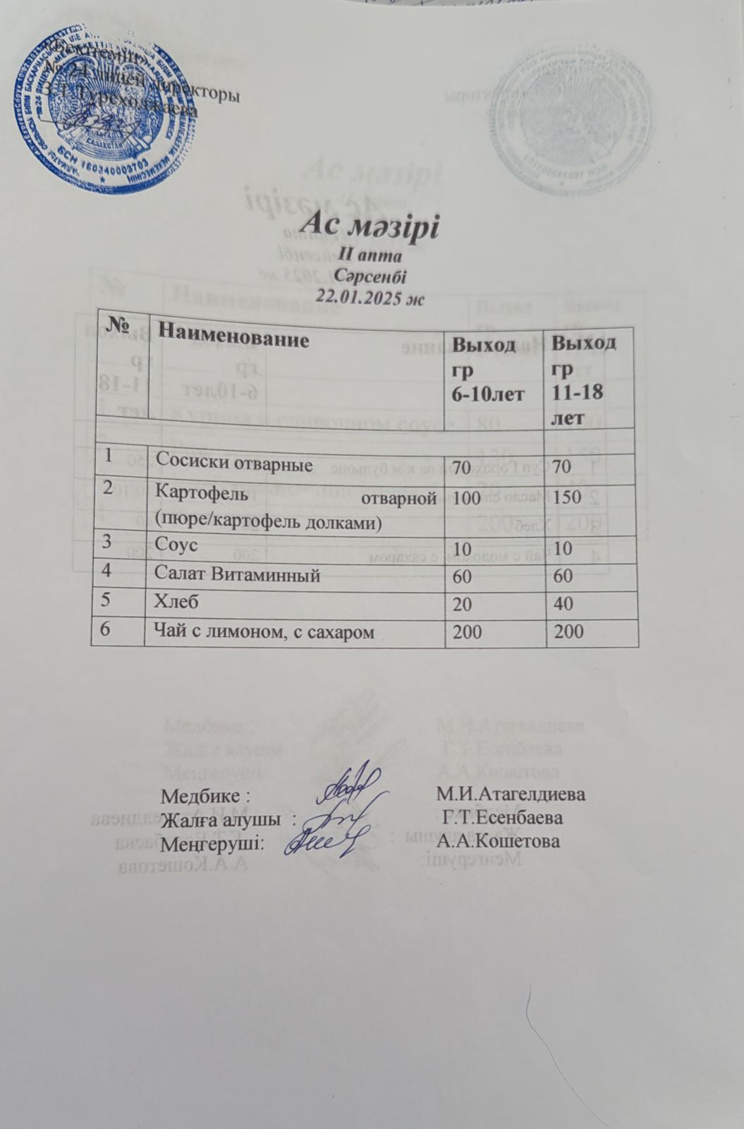 Күнделікті ас мәзірі