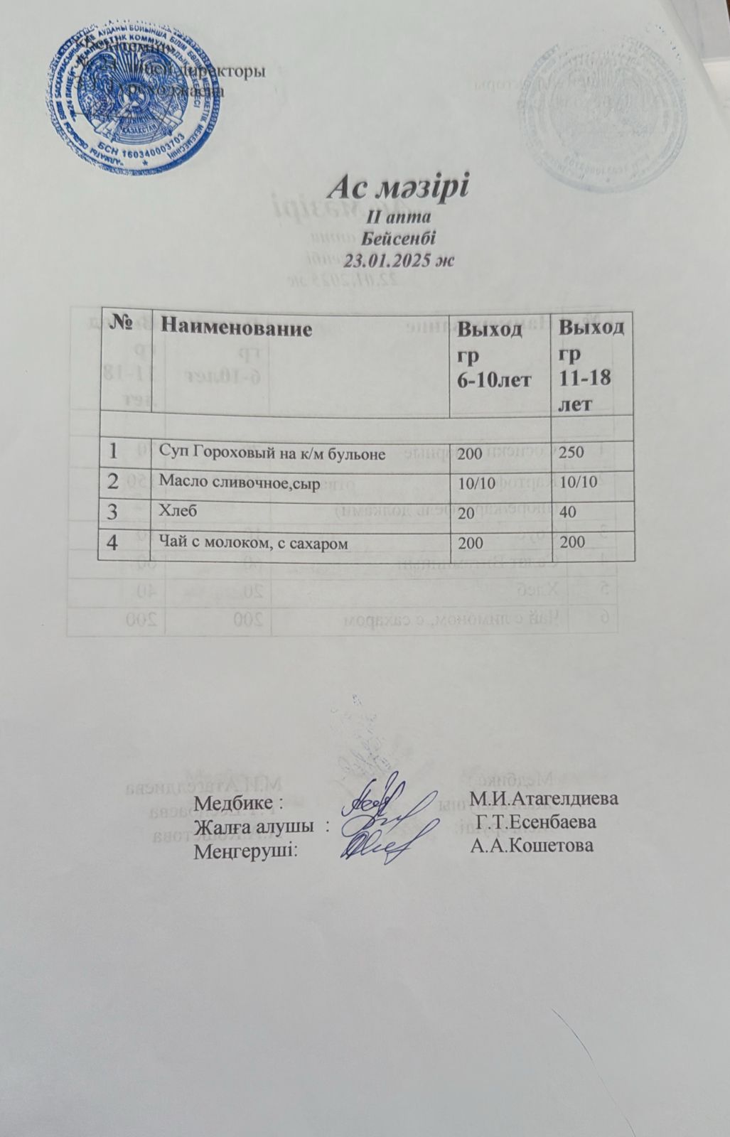 Күнделікті ас мәзірі